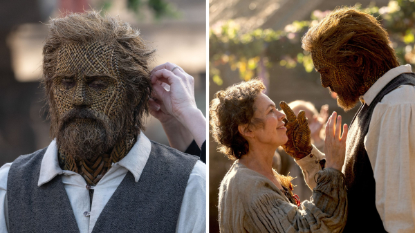 Two stills from the movie Wicker the first showing Alexander Skarsgard having his hair touched up the second shows him...