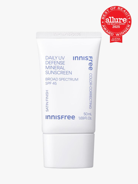 INNISFREE Daily UV Defense Mineral Sunscreen Broad Spectrum SPF 45 in branded white tube with cap on light gray background with red Allure Best of Beauty seal in the top right corner