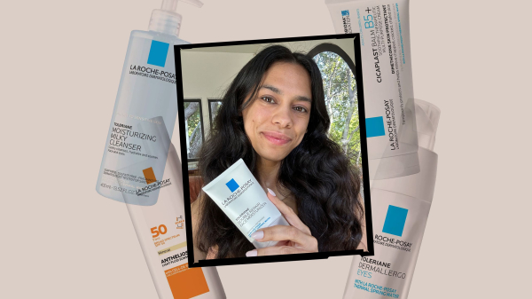 Image contains an Allure editor surrounded by silos of the best La RochePosay products