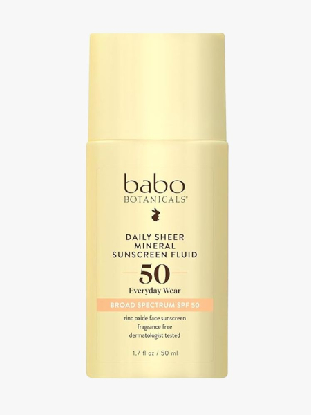 Babo Botanicals Daily Sheer Mineral Sunscreen Fluid SPF 50 in branded component on a light gray background