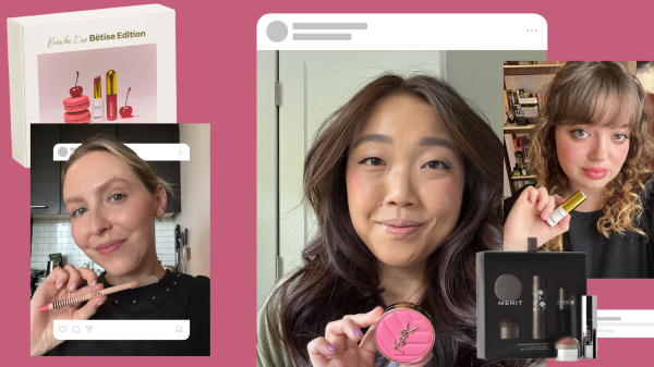 Image contains Allure editors with the best makeup gift sets on a pink background