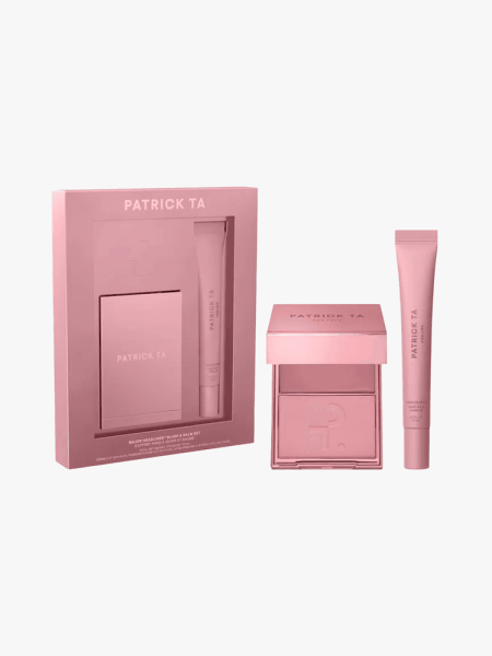 Patrick Ta Major Headlines Double-Take Crème & Powder Blush Duo & Lip Balm Makeup Gift Set in multiple branded components on a light gray background