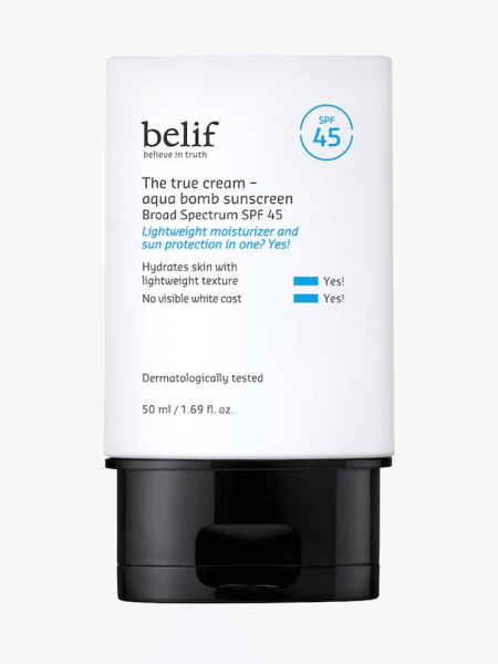 Belif The True Cream Aqua Bomb Sunscreen SPF 45 in branded component on a light gray background