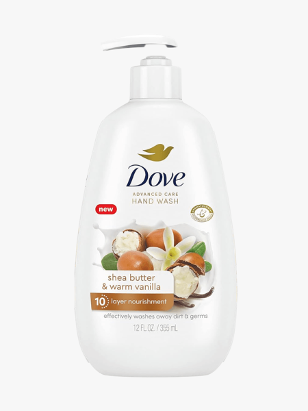 Dove Advanced Care Shea Butter & Warm Vanilla Hand Wash in branded component on a light gray background