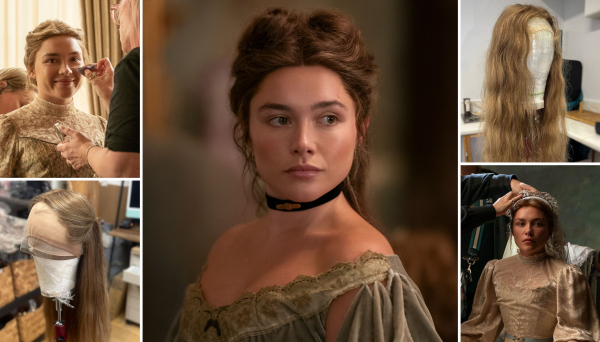 A collage of images of actress Florence Pugh as Cathy Aimes in Netflix's East of Eden series.