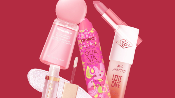 A collage of Biodance Stila Amika Sol de Janeiro and Charlotte Tilbury beauty products on a red background