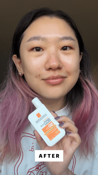 Allure commerce editor Sarah Han after applying the La RochePosay Anthelios UVDefense SPF 50 Sunscreen with BEMT